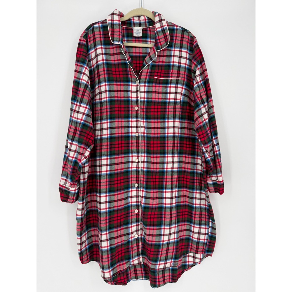 Lands' End Women's Flannel Pajama Night Shirt Christmas Red Plaid 1X 16W/18W